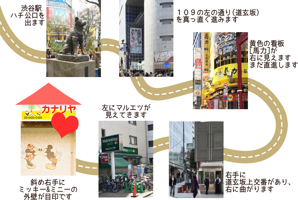 渋谷駅ハチ公口を出ます　108の左の通り(道玄坂)を真っ直ぐ進みます　黄色の看板(馬力)が見えますまだ直進します　右手に道玄坂上交番があり、右に曲がります　左にマルエツが見えてきます　斜め右手にミッキー＆ミニーの外壁が目印です
